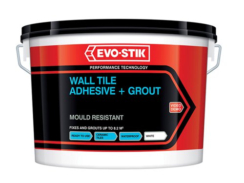 The Evo-Stik Mould Resistant Wall Tile Adhesive and Grout is an easy to use, brilliant white ready-mixed ceramic wall tile adhesive and grout. It is mould resistant and waterproof when set and complies with EN 12004 (equivalent to BS5980 Type 2 Class AA).It is non-slip, ready for use and will bond and grout in dry areas to sound surfaces of cement rendering, plaster, plaster-board, old glazed tiles, wood and wood composite panels. Suitable for use in kitchen and bathroom areas subject to frequent and prolonged wetting and for domestic shower walls when applied by the solid bed method.The colour is a Brilliant White and the coverage is as follows:Economy (1 litre): Notched - 1.1m², Solid Bed - 0.35m². Standard (2.5 litre): Notched - 2.1m², Solid Bed - 0.7m². Large (5 litre): Notched - 4.1m², Solid Bed 1.5m². Trade (10 litre): Notched - 8.2m². Solid Bed 3.0m². NB: The above figures are approximate and do not include, wastage. They also assume flat surfaces. Note that different trowels often apply the adhesive at different rates.Evo-Stik Mould Resistant Wall Tile Adhesive and Grout has the following specification:Size: 5 litre.
