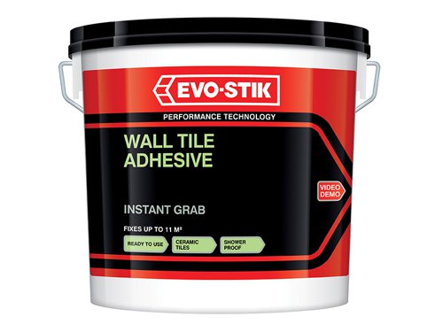 The Evo-Stik Instant Grab Wall Tile Adhesive is for Ceramic Tiles is ready-mixed, easy to use and suitable for fixing ceramic tiles onto most interior walls and backgrounds. It has been tested to EN 12004.It is showerproof, the thin-bed adhesive is non-slip and suitable for fixing ceramic wall tiles to most types of sound interior surfaces, including cement rendering, plaster, plasterboard, old glazed tiles and glazed bricks.The colour off-white/buff and the coverage with a notched trowel is 1.2m² per litre, solid bed 0.3m² per litre. These figures are approximate and do not include wastage. They also assume flat surfaces. Note that different trowels often apply the adhesive at different rates, usually greater than the above.Evo-Stik Instant Grab Wall Tile Adhesive has the following specification:Size: 2.5 litre.