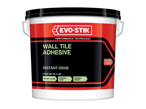 The Evo-Stik Instant Grab Wall Tile Adhesive is for Ceramic Tiles is ready-mixed, easy to use and suitable for fixing ceramic tiles onto most interior walls and backgrounds. It has been tested to EN 12004.It is showerproof, the thin-bed adhesive is non-slip and suitable for fixing ceramic wall tiles to most types of sound interior surfaces, including cement rendering, plaster, plasterboard, old glazed tiles and glazed bricks.The colour off-white/buff and the coverage with a notched trowel is 1.2m² per litre, solid bed 0.3m² per litre. These figures are approximate and do not include wastage. They also assume flat surfaces. Note that different trowels often apply the adhesive at different rates, usually greater than the above.Evo-Stik Instant Grab Wall Tile Adhesive has the following specification:Size: 5 litre.