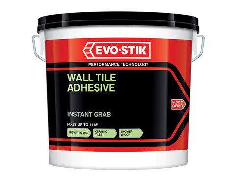 The Evo-Stik Instant Grab Wall Tile Adhesive is for Ceramic Tiles is ready-mixed, easy to use and suitable for fixing ceramic tiles onto most interior walls and backgrounds. It has been tested to EN 12004.It is showerproof, the thin-bed adhesive is non-slip and suitable for fixing ceramic wall tiles to most types of sound interior surfaces, including cement rendering, plaster, plasterboard, old glazed tiles and glazed bricks.The colour off-white/buff and the coverage with a notched trowel is 1.2m² per litre, solid bed 0.3m² per litre. These figures are approximate and do not include wastage. They also assume flat surfaces. Note that different trowels often apply the adhesive at different rates, usually greater than the above.Evo-Stik Instant Grab Wall Tile Adhesive has the following specification:Size: 10 litre.