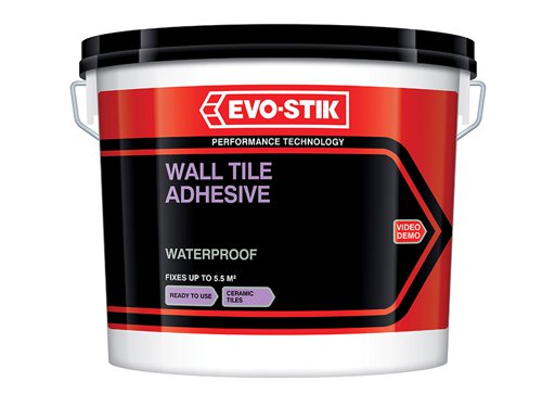 The Evo-Stik Waterproof Wall Tile Adhesive is ready-mixed, easy to use and suitable for fixing ceramic tiles onto most interior walls and backgrounds, including cement rendering, plaster, plywood, plasterboard, blockboard, wood chipboard, old glazed tiles, glazed bricks and painted surfaces.The waterproof and non-slip formulation has an extended open time, making it quick and easy to apply. The colour is an off-white and coverage with a Notched trowel is 1.2 m² per litre, Solid Bed 0.3 m² per litre. These figures are approximate and do not include wastage. They also assume flat surfaces.NOTE that different trowels often apply the adhesive at different rates, usually greater than the above.Tested to EN 12004.Evo-Stik Waterproof Wall Tile Adhesive has the following specification:Size: 2.5 litre.