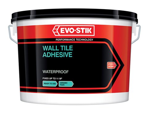 The Evo-Stik Waterproof Wall Tile Adhesive is ready-mixed, easy to use and suitable for fixing ceramic tiles onto most interior walls and backgrounds, including cement rendering, plaster, plywood, plasterboard, blockboard, wood chipboard, old glazed tiles, glazed bricks and painted surfaces.The waterproof and non-slip formulation has an extended open time, making it quick and easy to apply. The colour is an off-white and coverage with a Notched trowel is 1.2 m² per litre, Solid Bed 0.3 m² per litre. These figures are approximate and do not include wastage. They also assume flat surfaces.NOTE that different trowels often apply the adhesive at different rates, usually greater than the above.Tested to EN 12004.Evo-Stik Waterproof Wall Tile Adhesive has the following specification:Size: 10 litre.