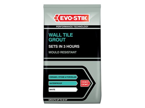 Evo-Stik Wall Tile Grout Mould Resistant is a fast setting cement-based grout, suitable for finishing joints of internal and external ceramic tile installations. When set, it is completely waterproof and will not wash out of joints, making it ideal for use in areas subject to frequent wetting and condensation such as power showers, kitchens and bathrooms.Grouts ceramic tiles on most interior and exterior surfaces provided they are rigid and clean.1kg of powder, when mixed, will grout approximately 5m². Coverage is dependent on the nature of the substrate, the adhesive bed thickness and the type of tile.1 x Evo-Stik Wall Tile Grout Mould Resistant White 500g.