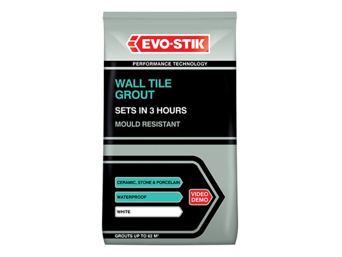 Evo-Stik Wall Tile Grout Mould Resistant is a fast setting cement-based grout, suitable for finishing joints of internal and external ceramic tile installations. When set, it is completely waterproof and will not wash out of joints, making it ideal for use in areas subject to frequent wetting and condensation such as power showers, kitchens and bathrooms.Grouts ceramic tiles on most interior and exterior surfaces provided they are rigid and clean.1kg of powder, when mixed, will grout approximately 5m². Coverage is dependent on the nature of the substrate, the adhesive bed thickness and the type of tile.1 x Evo-Stik Wall Tile Grout Mould Resistant White 1.5kg.