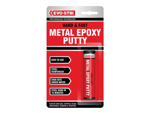 A steel reinforced metal epoxy putty, suitable for use with metals and most other types of materials. It sets hard in 10 minutes and can be used underwater. It can be drilled, tapped, filed, machined, sanded and painted once it is dry.