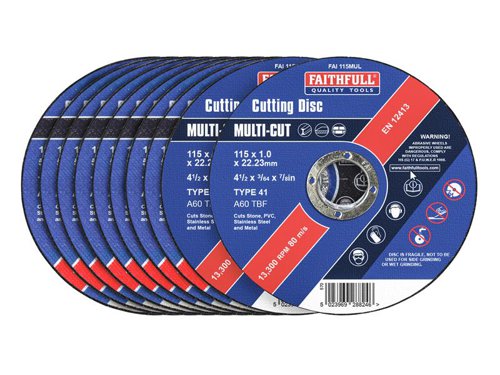 The Faithfull Multi-Cut Cutting Discs will cut a wide range of materials used in the construction and fabrication industries. At only 1mm thick they are able to provide a fast cutting action with less waste and dust. Multi-Cut discs solve the problem of cutting several different materials at once and are ideal for cutting modern-day composite materials used throughout industry. Will cut sheet metal, stainless steel (inox), pipes and profiles, brick, stone, ceramic tiles and other building materials along with plastics/ PVC.These versatile discs are available in the three most popular sizes and are supplied in a sturdy metal storage tin of ten for safekeeping.Pack of 10 Faithfull Multi-Purpose Cutting Discs 115 x 1.0 x 22.23mm