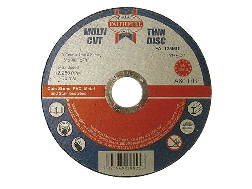 The Faithfull Multi-Cut Cutting Discs will cut a wide range of materials used in the construction and fabrication industries. At only 1mm thick they are able to provide a fast cutting action with less waste and dust. Multi-Cut discs solve the problem of cutting several different materials at once and are ideal for cutting modern-day composite materials used throughout industry. Will cut sheet metal, stainless steel (inox), pipes and profiles, brick, stone, ceramic tiles and other building materials along with plastics/ PVC.These versatile discs are available in the three most popular sizes and are supplied in a sturdy metal storage tin of ten for safekeeping.Pack of 10 Faithfull Multi-Purpose Cutting Disc 125 x 1.0 x 22.23mm