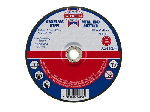 FAI23018MDC Faithfull Depressed Centre Stainless Steel Cutting Disc 230 x 1.8 x 22.23mm