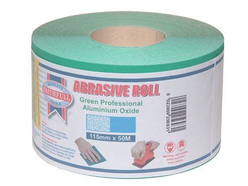 Faithfull robust E-Weight paper, these Aluminium Oxide sanding paper are ideal for preparing surfaces before painting, and can be used on wood, metal or plastics.The rolls are ideally suited to tradesmen and regular users. Coarse grades are extremely efficient for the quick removal of old paint or tackling rough surfaces. Fine grades are used for achieving smooth finishes.115mm wide rolls can be used on half sheet sanders when cut to the appropriate length.Professional quality Urea bonded 200g Green paper roll for hand and power sanding on wood, boards,paint, plaster and fillers. Ideal for building trades.120 grit - fine.50m roll.
