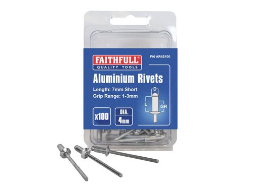 Faithfull Aluminium Rivets 4 x 7mm Short Pre-Pack of 100