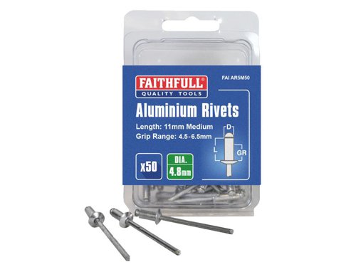 Faithfull Aluminium Rivets 4.8 x 11mm Medium Pre-Pack of 50