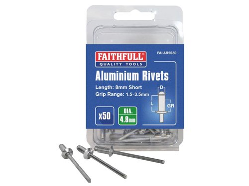 Faithfull Aluminium Rivets 4.8 x 8mm Short Pre-Pack of 50