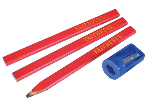 FAICPSHARP Faithfull Carpenters' Pencils Red (Pack 3 + Sharpener)