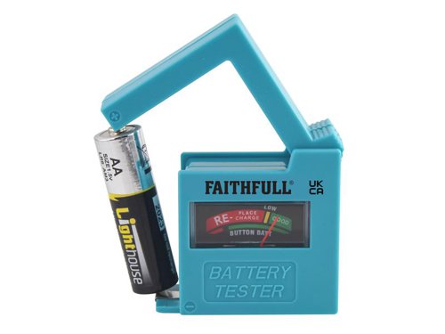 This Faithfull Battery Tester is simple and easy-to-use on most types of standard domestic and rechargeable batteries. It helps to ensure the batteries are fully charged and ready for use. A simple analogue needle display indicates the power level of the batteries (good, low or replacement required). An adjustable arm allows the tester to accommodate the testing of D, C, AA, AAA, 9V 6F22 and 1.5V button cell batteries, and folds down for easy storage.Features: Analogue needle indicator. Tests D, C, AA, AAA, 9V 6F22 batteries. Tests 1.5V button cell batteries.NOTE:The tester is activated by the battery being checked. Keep test time as short as possible to avoid unnecessary battery drain.