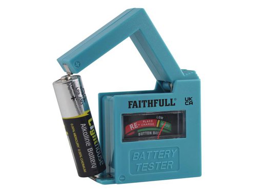 This Faithfull Battery Tester is simple and easy-to-use on most types of standard domestic and rechargeable batteries. It helps to ensure the batteries are fully charged and ready for use. A simple analogue needle display indicates the power level of the batteries (good, low or replacement required). An adjustable arm allows the tester to accommodate the testing of D, C, AA, AAA, 9V 6F22 and 1.5V button cell batteries, and folds down for easy storage.Features: Analogue needle indicator. Tests D, C, AA, AAA, 9V 6F22 batteries. Tests 1.5V button cell batteries.NOTE:The tester is activated by the battery being checked. Keep test time as short as possible to avoid unnecessary battery drain.