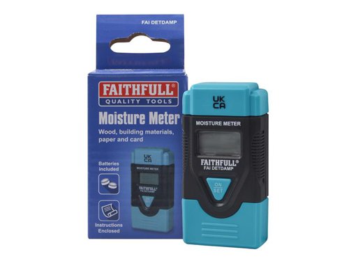 This Faithfull small, pocket sized damp and moisture meter can be used to measure the moisture content in timber, paper, cardboard, and hard materials such as mortar, concrete and plaster.The moisture content is displayed as a percentage reading on the LCD digital display equipped with a backlit function for use in dark environments.The meter can also be used to measure the ambient temperature, and is compact, portable and easy to use. The meter is supplied in with a probe cover for safe storage when not in use.Features:Clear easy to read LCD display.Accurate moisture measurement.Works on hard and soft materials.Auto power-off.Low battery indication.4 x LR44 Batteries included.Probe cover for safe storage.Specifications:Measurement Range:Wood: 6-42%, Material: 0.2-2.0%, Temperature: 0-40°C.Resolution:Wood: 1%, Material: 0.1%, Temperature: 1°C/2°F.