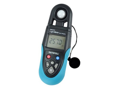 The Faithfull Digital Lux / Light Meter is ideal for use in electro-optical sources, research teaching, industry inspection as well as agricultural research and illumination control. It can be used to assess and monitor indoor area light levels, such as greenhouses, warehouses and office space. This device is able to measure light from many different types of bulbs, ensuring high levels of accuracy throughout. It includes a light meter and light sensor and will work with fluorescent, metal halide, high-pressure sodium and incandescent sources. Supplied with battery, user manual and storage case.Specification:Range: 1-50,000 Lux in 3 ranges 2,000/20,000/50,000 LuxSampling Rate: approx. 2 times/secondSensor: Silicon photo-diode and filterEnvironment: Indoor operationAltitude: Up to 2000mCalibration: Standard incandescent lamp at 2854KPower: 1 x 9V PP3 battery (supplied)Dimensions: 192 x 67 x 44mmWeight: 198g