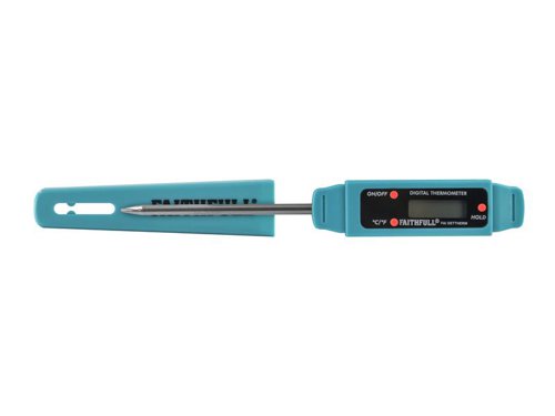 A Faithfull high-precision digital electronic thermometer, for use in both industrial and domestic applications where accurate temperature readings are required. Ideal for use in laboratories for temperature testing and monitoring and essential for use when preparing cooked foods such as meat, poultry, infant milk and many other foods when accurate temperature readings are necessary.This thermometer can be set for either Celsius or Fahrenheit measurement, maximum or minimum readings and has a useful data hold facility. The easy-clean stainless steel probe features a sharp point with a Slimline design allowing effortless penetration of meats and provides a fast response time when taking readings. The large LCD digital display is easy to read and has an automatic power off function when not in use. The thermometer is supplied in with a probe cover for safe storage when not in use.Features:Clear easy-to-read LCD display.Celsius or Fahrenheit readout.Data hold facility.Stainless Steel slimline easy clean probe.1.5V LR44 battery included.Pocket size.Automatic power off function.Probe cover for safe storage.SPECIFICATION:Measuring Range (Probe): Celsius Temperature: -40°C to 250°C.Fahrenheit Temperature: -40°F to 482°F.Operating Temperature: 0°C (32°F) to 50°C (122°F).