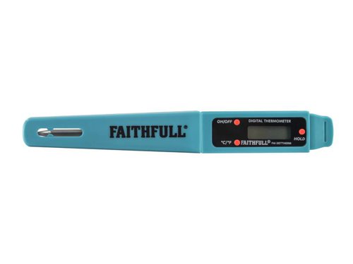 A Faithfull high-precision digital electronic thermometer, for use in both industrial and domestic applications where accurate temperature readings are required. Ideal for use in laboratories for temperature testing and monitoring and essential for use when preparing cooked foods such as meat, poultry, infant milk and many other foods when accurate temperature readings are necessary.This thermometer can be set for either Celsius or Fahrenheit measurement, maximum or minimum readings and has a useful data hold facility. The easy-clean stainless steel probe features a sharp point with a Slimline design allowing effortless penetration of meats and provides a fast response time when taking readings. The large LCD digital display is easy to read and has an automatic power off function when not in use. The thermometer is supplied in with a probe cover for safe storage when not in use.Features:Clear easy-to-read LCD display.Celsius or Fahrenheit readout.Data hold facility.Stainless Steel slimline easy clean probe.1.5V LR44 battery included.Pocket size.Automatic power off function.Probe cover for safe storage.SPECIFICATION:Measuring Range (Probe): Celsius Temperature: -40°C to 250°C.Fahrenheit Temperature: -40°F to 482°F.Operating Temperature: 0°C (32°F) to 50°C (122°F).