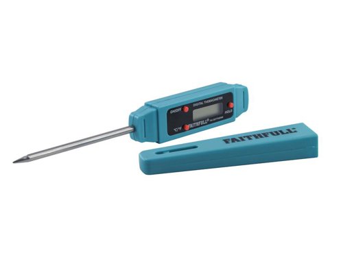 A Faithfull high-precision digital electronic thermometer, for use in both industrial and domestic applications where accurate temperature readings are required. Ideal for use in laboratories for temperature testing and monitoring and essential for use when preparing cooked foods such as meat, poultry, infant milk and many other foods when accurate temperature readings are necessary.This thermometer can be set for either Celsius or Fahrenheit measurement, maximum or minimum readings and has a useful data hold facility. The easy-clean stainless steel probe features a sharp point with a Slimline design allowing effortless penetration of meats and provides a fast response time when taking readings. The large LCD digital display is easy to read and has an automatic power off function when not in use. The thermometer is supplied in with a probe cover for safe storage when not in use.Features:Clear easy-to-read LCD display.Celsius or Fahrenheit readout.Data hold facility.Stainless Steel slimline easy clean probe.1.5V LR44 battery included.Pocket size.Automatic power off function.Probe cover for safe storage.SPECIFICATION:Measuring Range (Probe): Celsius Temperature: -40°C to 250°C.Fahrenheit Temperature: -40°F to 482°F.Operating Temperature: 0°C (32°F) to 50°C (122°F).