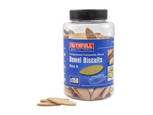 Compressed composite wood biscuits for jointing. The Faithfull wood biscuits are available in 3 sizes. FSC® certified.The Faithfull FAIDOWBIS0 wood biscuits come in a tub of 150, size no. 0.Dimensions: 47mm x 15mm