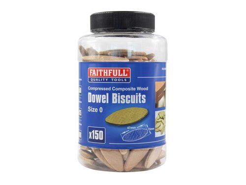 Compressed composite wood biscuits for jointing. The Faithfull wood biscuits are available in 3 sizes. FSC® certified.The Faithfull FAIDOWBIS0 wood biscuits come in a tub of 150, size no. 0.Dimensions: 47mm x 15mm