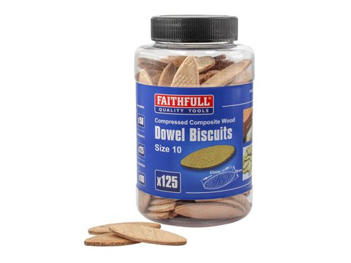 Compressed composite wood biscuits for jointing. The Faithfull wood biscuits are available in 3 sizes. FSC® certified.The Faithfull FAIDOWBIS10 wood biscuits come in a tub of 125, size no. 10.Dimensions: 53mm x 20mm