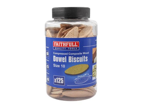 Compressed composite wood biscuits for jointing. The Faithfull wood biscuits are available in 3 sizes. FSC® certified.The Faithfull FAIDOWBIS10 wood biscuits come in a tub of 125, size no. 10.Dimensions: 53mm x 20mm