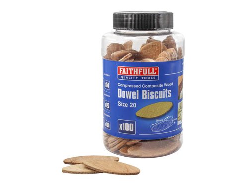 Compressed composite wood biscuits for jointing. The Faithfull wood biscuits are available in 3 sizes. FSC® certified.The Faithfull FAIDOWBIS20 wood biscuits come in a tub of 100, size no. 20.Dimensions: 56mm x 23mm