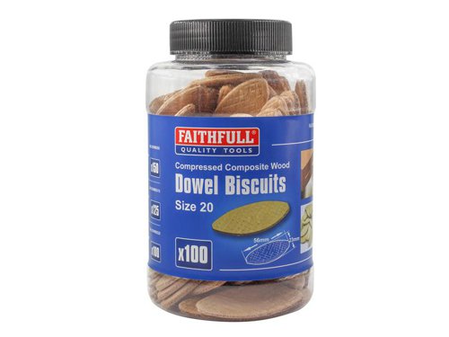 Compressed composite wood biscuits for jointing. The Faithfull wood biscuits are available in 3 sizes. FSC® certified.The Faithfull FAIDOWBIS20 wood biscuits come in a tub of 100, size no. 20.Dimensions: 56mm x 23mm