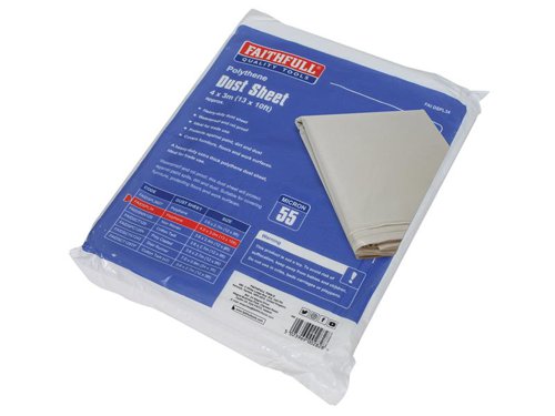This Faithfull Heavy-Duty Polythene Dust Sheet is extra thick making it ideal for trade use. Protects against paint spills, dirt and dust. Waterproof and rotproof. Suitable for covering furniture, protecting floors and work surfaces.Specification:Size: 3 x 4mThickness: 55 micron