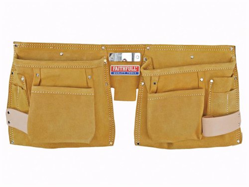 Faithfull Double Tool & Nail Pouch made from heavy-duty leather. This tool pouch is double stitched for strength and riveted at stress points. It has a webbing belt and 10 pockets for tools and nails, tape clip and two hammer loops.SpecificationFits waists sizes: 29 to 46inSize: 215 x 500mm (8.1/2 x 20in)