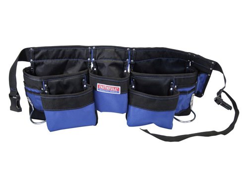 This Faithfull Double Tool & Nail Pouch is made from durable 2100 denier nylon. It has 11 pockets, two metal hammer loops and a utility knife holder. Riveted at stress points to increase strength. The attached webbing belt is adjustable up to 46in.Specification:Size: 260 x 600mm.