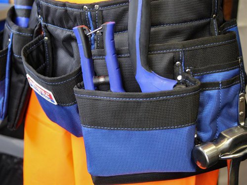 This Faithfull Double Tool & Nail Pouch is made from durable 2100 denier nylon. It has 11 pockets, two metal hammer loops and a utility knife holder. Riveted at stress points to increase strength. The attached webbing belt is adjustable up to 46in.Specification:Size: 260 x 600mm.