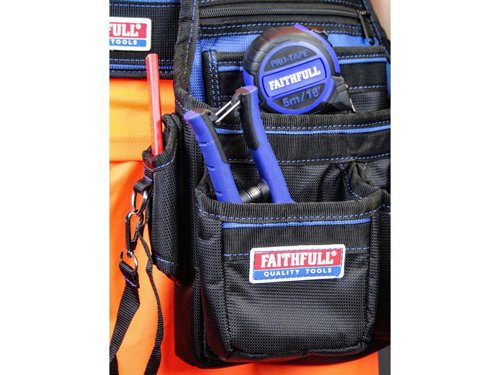 This Faithfull Framers Pouch is made from durable 2100 denier nylon. It has five pockets and two fabric tool loops. It is riveted at stress points to increase strength. The belt loop is compatible with all Faithfull belts.Specification:Size: 270 x 310mm.