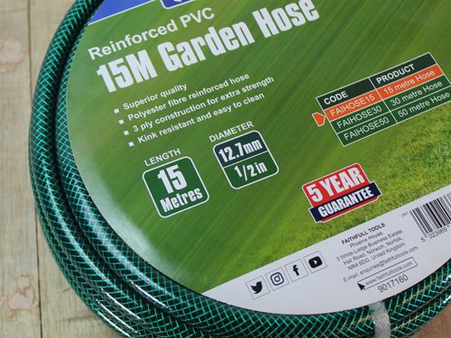 The Faithfull PVC Reinforced Hoses are superior quality flexible PVC hose made from polyester fibre reinforced for extra strength. The hose is kink resistant and easy-to-clean.12.5mm 1/2in diameter.Covered by a 5-Year guarantee.Length: 15 metre.