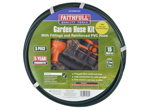 This Faithfull Hose Set contains a superior quality flexible PVC hose with 3-ply polyester fibre reinforcement for extra strength. Algae and UV sunlight resistant and withstands temperatures from -10° to +40°.Supplied with:1 x 6-Pattern Spray Gun1 x 1/2in and 3/4in BSP Dual Tap Connector1 x Female Connector1 x Waterstop ConnectorComplete with 3 hose fittings (due to supply issues these may differ from the image)Ready to use in minutes.Length : 15m.