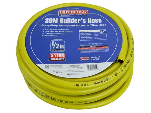 The Faithfull Builder's Hose is a superior quality hose, ideal for worksite use. It is made from heavy-duty polyester, reinforced with a 24 braid fibre mesh for extra strength, making it both strong and flexible. The tough 3-ply construction is kink, twist and crush resistant, and highly resilient to UV light, frost, algae and is easy to clean.The hose is compatible with all 12.5 to 15mm or 19mm fittings depending on the bore size selected. The hose has a working pressure of 10 bar with a temperature range of -10 to +40°C. The bright yellow colour make this hose easy to spot on the worksite.Covered by a 5-Year guarantee.Available in 2 bore sizes of 12.5mm or 19.25mm for an increased flow rate.1 x Faithfull Heavy-Duty Reinforced Builder's HoseLength: 30m Diameter: 12.5mm (1/2in)