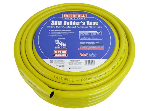 The Faithfull Builder's Hose is a superior quality hose, ideal for worksite use. It is made from heavy-duty polyester, reinforced with a 24 braid fibre mesh for extra strength, making it both strong and flexible. The tough 3-ply construction is kink, twist and crush resistant, and highly resilient to UV light, frost, algae and is easy to clean.The hose is compatible with all 12.5 to 15mm or 19mm fittings depending on the bore size selected. The hose has a working pressure of 10 bar with a temperature range of -10 to +40°C. The bright yellow colour make this hose easy to spot on the worksite.Covered by a 5-Year guarantee.Available in 2 bore sizes of 12.5mm or 19.25mm for an increased flow rate.1 x Faithfull Heavy-Duty Reinforced Builder's HoseLength: 30m Diameter: 19mm (3/4in)