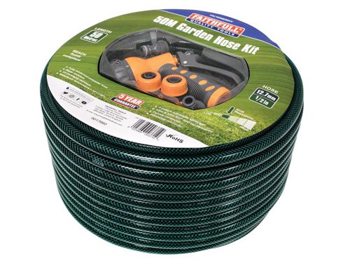 This Faithfull Hose Set contains a superior quality flexible PVC hose with 3-ply polyester fibre reinforcement for extra strength. Algae and UV sunlight resistant and withstands temperatures from -10° to +40°.Supplied with:1 x 6-Pattern Spray Gun1 x 1/2in and 3/4in BSP Dual Tap Connector1 x Female Connector1 x Waterstop ConnectorThis Faithfull PVC Garden Hose has the following specification:Hose Length: 50mHose Diameter: 12.7mm (1/2in)