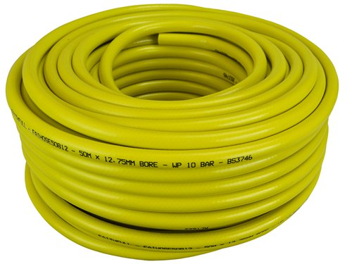 The Faithfull Builder's Hose is a superior quality hose, ideal for worksite use. It is made from heavy-duty polyester, reinforced with a 24 braid fibre mesh for extra strength, making it both strong and flexible. The tough 3-ply construction is kink, twist and crush resistant, and highly resilient to UV light, frost, algae and is easy to clean.The hose is compatible with all 12.5 to 15mm or 19mm fittings depending on the bore size selected. The hose has a working pressure of 10 bar with a temperature range of -10 to +40°C. The bright yellow colour make this hose easy to spot on the worksite.Covered by a 5-Year guarantee.Available in 2 bore sizes of 12.5mm or 19.25mm for an increased flow rate.1 x Faithfull Heavy-Duty Reinforced Builder's HoseLength: 50m Diameter: 12.5mm (1/2in)