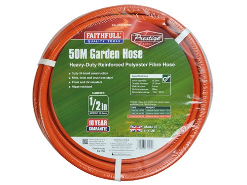 The Faithfull Prestige Garden Hose is a superior quality, European manufactured hose. It is made from heavy-duty polyester, reinforced with a 24 braid fibre mesh for extra strength, making it both strong and flexible.The tough 3-ply construction is kink, twist and crush resistant and highly resilient to UV light, frost, algae and is easy to clean.The hose is compatible with all 12.5 to 15mm fittings and has a working pressure of 10 bar with a temperature range of -15 to +60°C. The bright orange colour and grey stripe make this hose easy to spot in the garden.Covered by a 10-Year guarantee.Available in three lengths.1 x Faithfull Prestige Heavy-Duty Garden Hose 50m 12.5mm (1/2in) Diameter