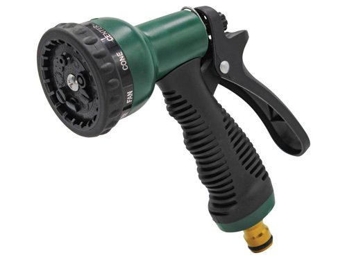 The Faithfull Garden Spray Gun delivers nine patterns - cone, fan, flat, angle, jet, mist, soaker, shower and quad. By turning the front facing selector nozzle to one of nine positions.The gun features a comfort grip handle and a brass male connector.
