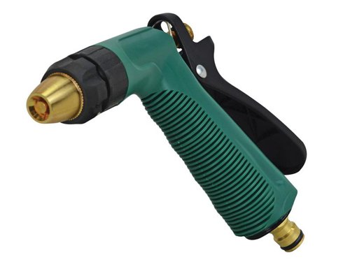 The Faithfull FAIHOSEGSGUN garden hand spray gun has a brass nozzle, zinc alloy body and solid brass hose connector. The spray gun also has a comfort grip handle and adjusts from mist to a powerful stream.