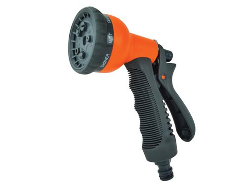 The Faithfull 8 Pattern Adjustable Spray Gun features a plastic body, comfort-grip handle, fitted with a 12.7mm (1/2in) male hose connector. The trigger features an auto-lock to allow hands-free use. It delivers eight patterns: cone, centre, mist, shower, flat, angle, full and soaker, that can be selected by turning the front faceplate.1 x Faithfull Plastic 8 Pattern Adjustable Spray Gun (Bulk Pack of 8).