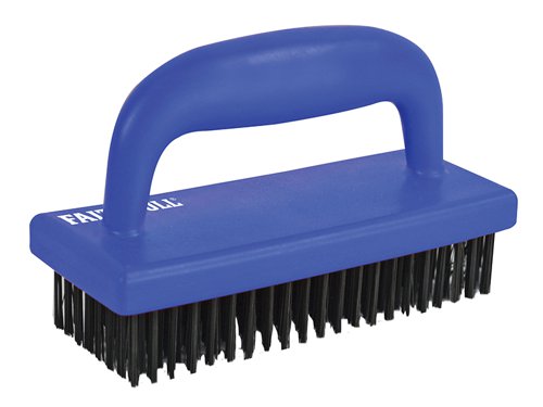 The FAIHSB is a versatile heavy-duty hand scrubbing brush, manufactured from solid plastic with a comfortable moulded handle and sturdy carbon steel bristles. Suitable for use on bricks, paving slabs, patios and metal. Removes dirt, moss, dried mortar and rust. Size: 85 x 175mm (3 1/2 x 7in) bristle length 30mm, 22 x 8 rows