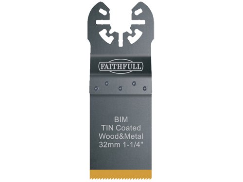 These Faithfull Multi-Functional Tool Bi-Metal Flush Cut TiN Coated Blades offer high-performance and have a durable titanium coating to harden and protect the cutting and sliding surfaces, providing an improved performance and a longer working life.Compatible with many multi-function oscillating power tools.This high speed steel, bi-metal blade features milled and side set teeth for a fine straight cut in hard and soft woods and will cut copper and aluminium pipes, sheet metal and plastics.Width: 32mm.