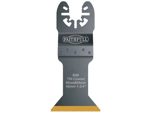 These Faithfull Multi-Functional Tool Bi-Metal Flush Cut TiN Coated Blades offer high-performance and have a durable titanium coating to harden and protect the cutting and sliding surfaces, providing an improved performance and a longer working life.Compatible with many multi-function oscillating power tools.This universal flexible flush cutting blade is ideal for sawing wood, copper, aluminium pipes and sheet metal. Milled and side set teeth for fine and straight cutting with deep cutting up to 54mm in depth.Width: 45mm.