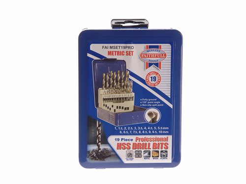 Faithfull Professional high speed steel (HSS) drill bits are manufactured from high quality M2 grade tool steel, to meet the requirements of the DIN 338 standard.Each bit has a fully ground flute and cutting tip, featuring a 135 degree point angle and split point providing easy non-slip starting and precision drilling. All these great features help you to achieve superior performance in most materials.Suitable for use in: Alloy Steels, Carbon Steels, Cast Iron, Hardened Alloy Steels, Stainless Steels.Supplied in heavy gauge metal storage case. Display packed.No. of drills: 19Sizes: 1, 1.5, 2, 2.5, 3, 3.5, 4, 4.5, 5, 5.5, 6, 6.5, 7, 7.5, 8, 8.5, 9, 9.5, and 10mm