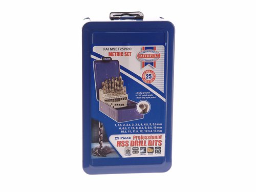 Faithfull Professional high speed steel (HSS) drill bits are manufactured from high quality M2 grade tool steel, to meet the requirements of the DIN 338 standard.Each bit has a fully ground flute and cutting tip, featuring a 135 degree point angle and split point providing easy non-slip starting and precision drilling. All these great features help you to achieve superior performance in most materials.Suitable for use in: Alloy Steels, Carbon Steels, Cast Iron, Hardened Alloy Steels, Stainless Steels.Supplied in heavy gauge metal storage case. Display packed.No. of drills: 25Sizes: 1, 1.5, 2, 2.5, 3, 3.5, 4, 4.5, 5, 5.5, 6, 6.5, 7, 7.5, 8, 8.5, 9, 9.5, 10, 10.5, 11, 11.5, 12, 12.5 and 13mm